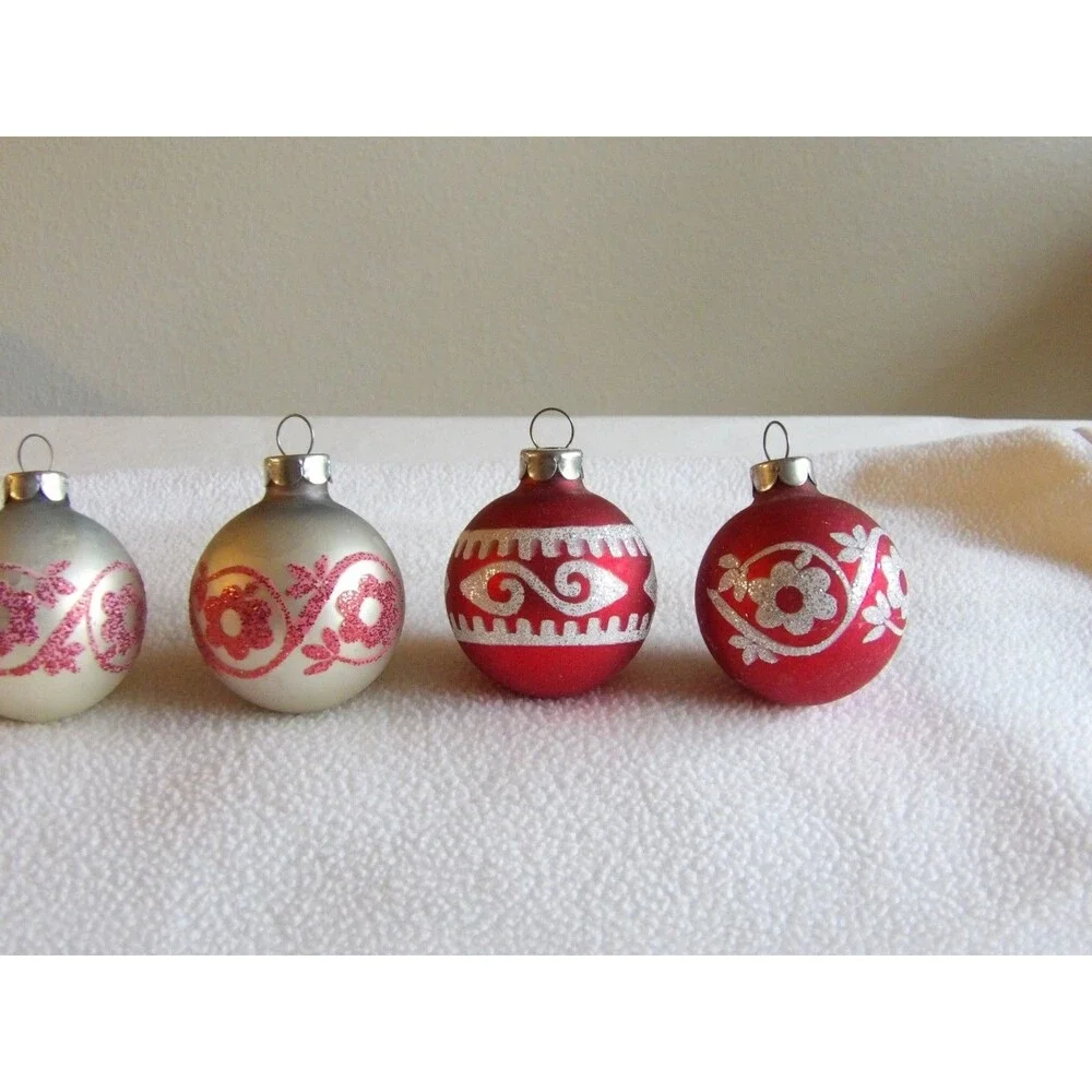 Vintage Lot 6x Glass Ball Red White Glitter Christmas Ornament Flower 1.75
